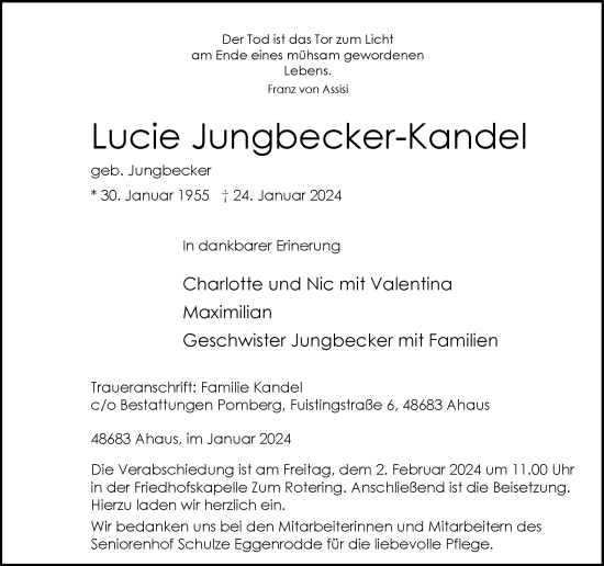 Traueranzeige von Lucie Jungbecker-Kandel von Münstersche Zeitung und Münsterland Zeitung
