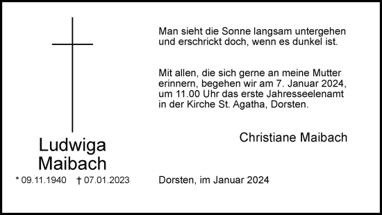 Traueranzeige von Ludwiga Maibach von Ruhr Nachrichten und Dorstener Zeitung