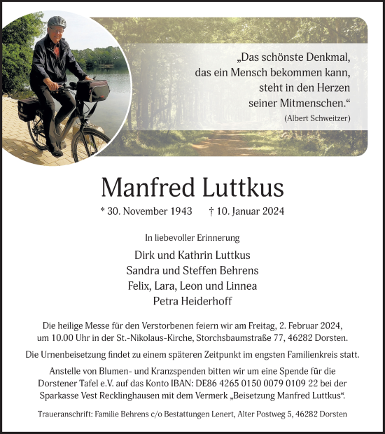 Traueranzeige von Manfred Luttkus von Ruhr Nachrichten und Dorstener Zeitung