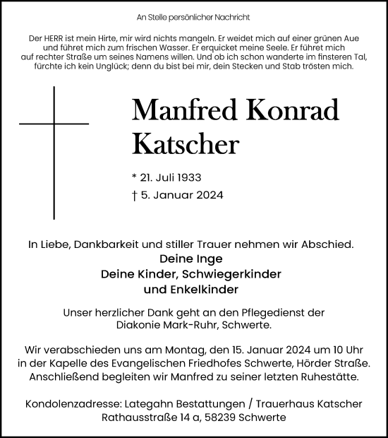 Traueranzeige von Manfred Konrad Katscher von Ruhr Nachrichten
