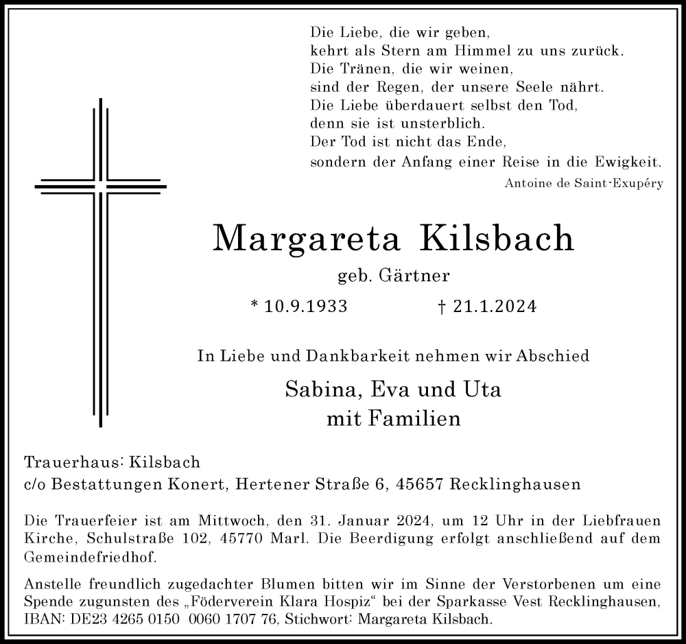  Traueranzeige für Margareta Kilsbach vom 27.01.2024 aus Medienhaus Bauer