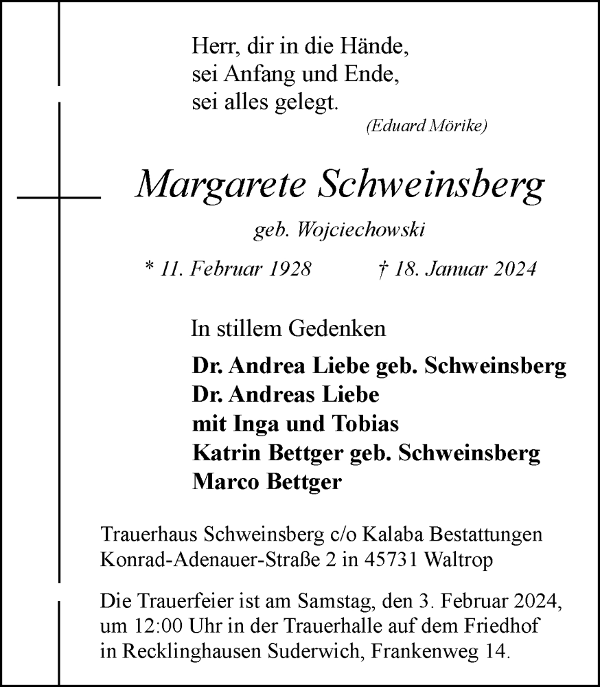  Traueranzeige für Margarete Schweinsberg vom 27.01.2024 aus Medienhaus Bauer