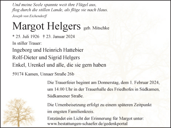 Traueranzeige von Margot Helgers von Hellweger Anzeiger