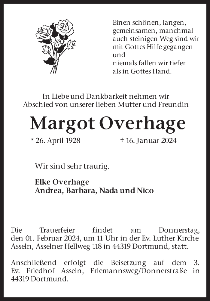  Traueranzeige für Margot Overhage vom 27.01.2024 aus 