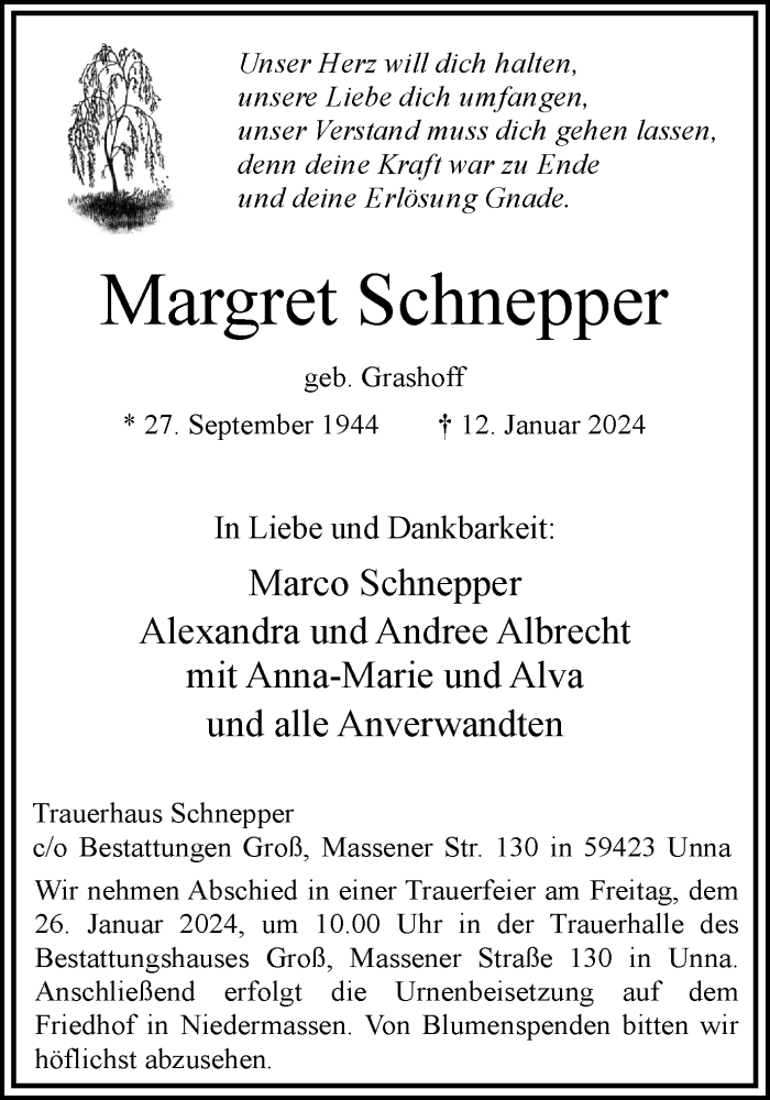  Traueranzeige für Margret Schnepper vom 20.01.2024 aus Hellweger Anzeiger