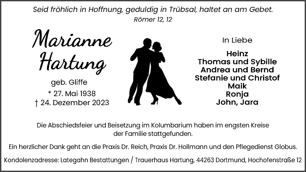  Traueranzeige für Marianne Hartung vom 27.01.2024 aus 