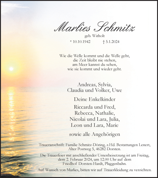 Traueranzeige von Marlies Schmitz von Ruhr Nachrichten und Dorstener Zeitung