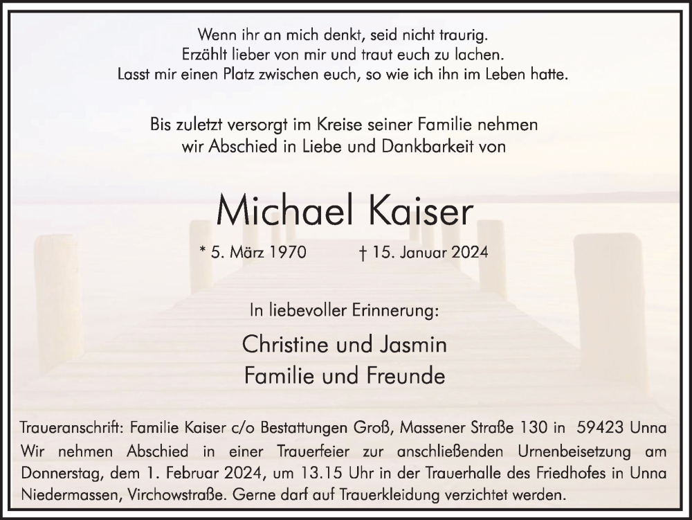  Traueranzeige für Michael Kaiser vom 20.01.2024 aus Hellweger Anzeiger