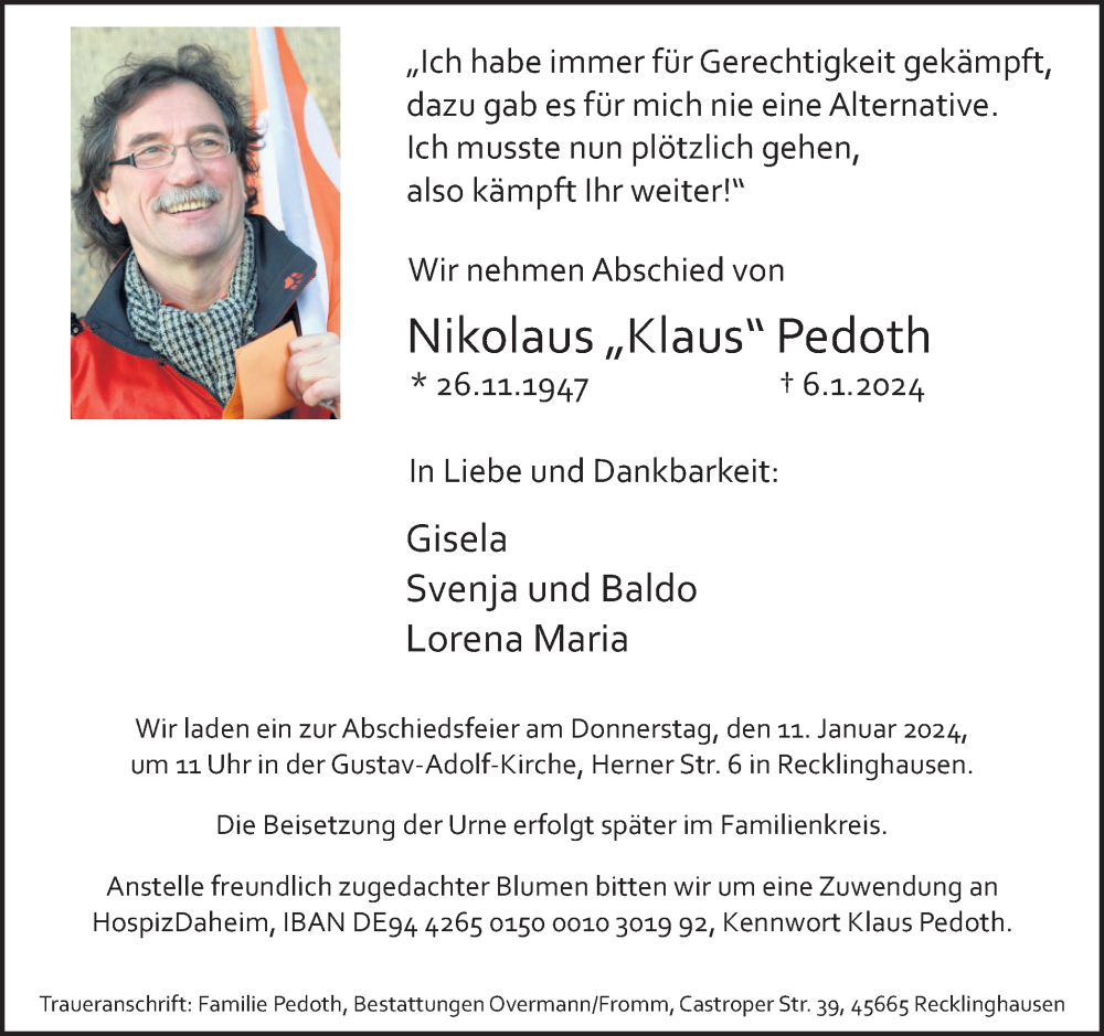  Traueranzeige für Nikolaus  Pedoth vom 09.01.2024 aus Medienhaus Bauer