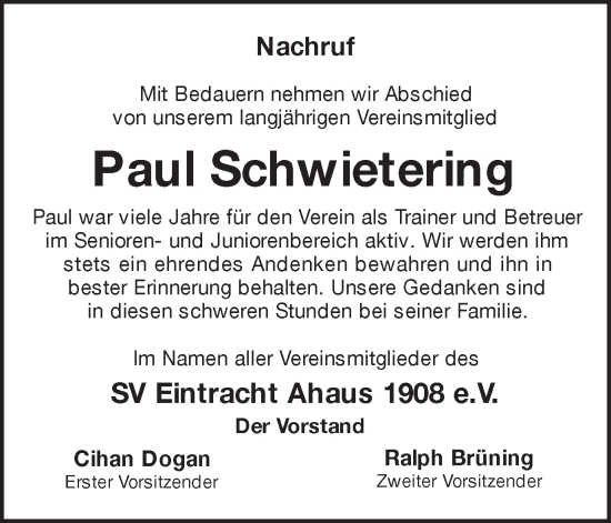 Traueranzeige von Paul Schwietering von Münstersche Zeitung und Münsterland Zeitung