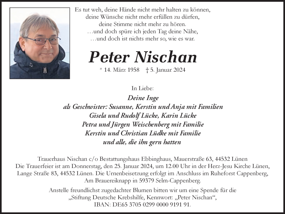  Traueranzeige für Peter Nischan vom 20.01.2024 aus 