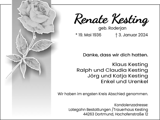 Traueranzeige von Renate Kesting 