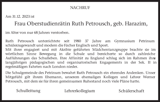 Traueranzeige von Ruth Petrousch von Ruhr Nachrichten und Dorstener Zeitung