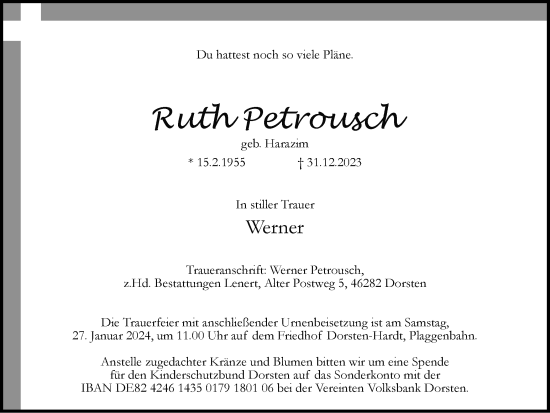 Traueranzeige von Ruth Petrousch von Ruhr Nachrichten und Dorstener Zeitung