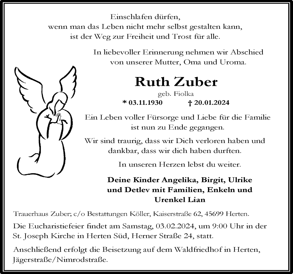  Traueranzeige für Ruth Zuber vom 27.01.2024 aus Medienhaus Bauer