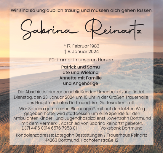 Traueranzeige von Sabrina Reinartz 