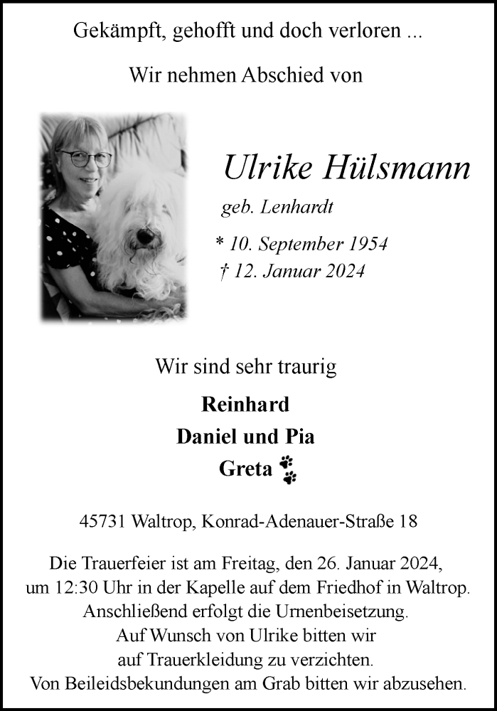  Traueranzeige für Ulrike Hülsmann vom 20.01.2024 aus Medienhaus Bauer