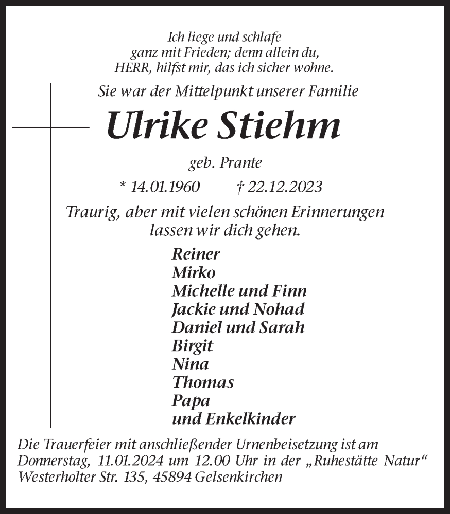  Traueranzeige für Ulrike Stiehm vom 06.01.2024 aus Medienhaus Bauer