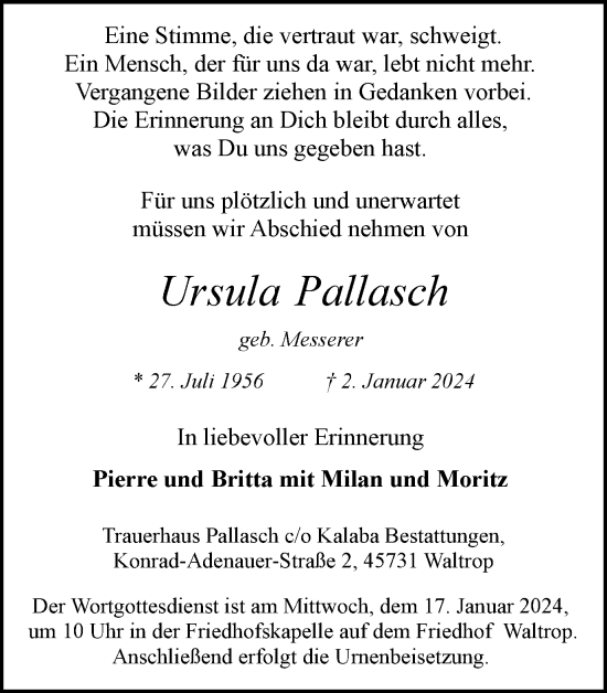 Traueranzeige von Ursula Pallasch von Medienhaus Bauer