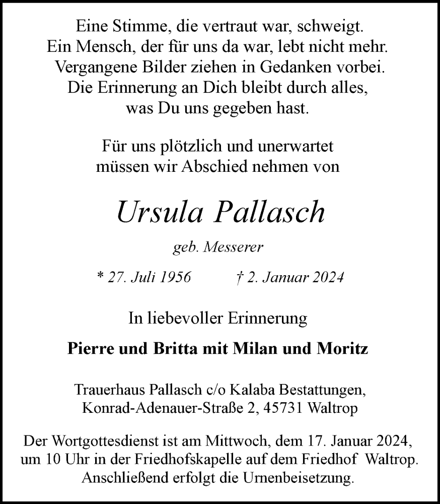 Traueranzeige für Ursula Pallasch vom 13.01.2024 aus Medienhaus Bauer