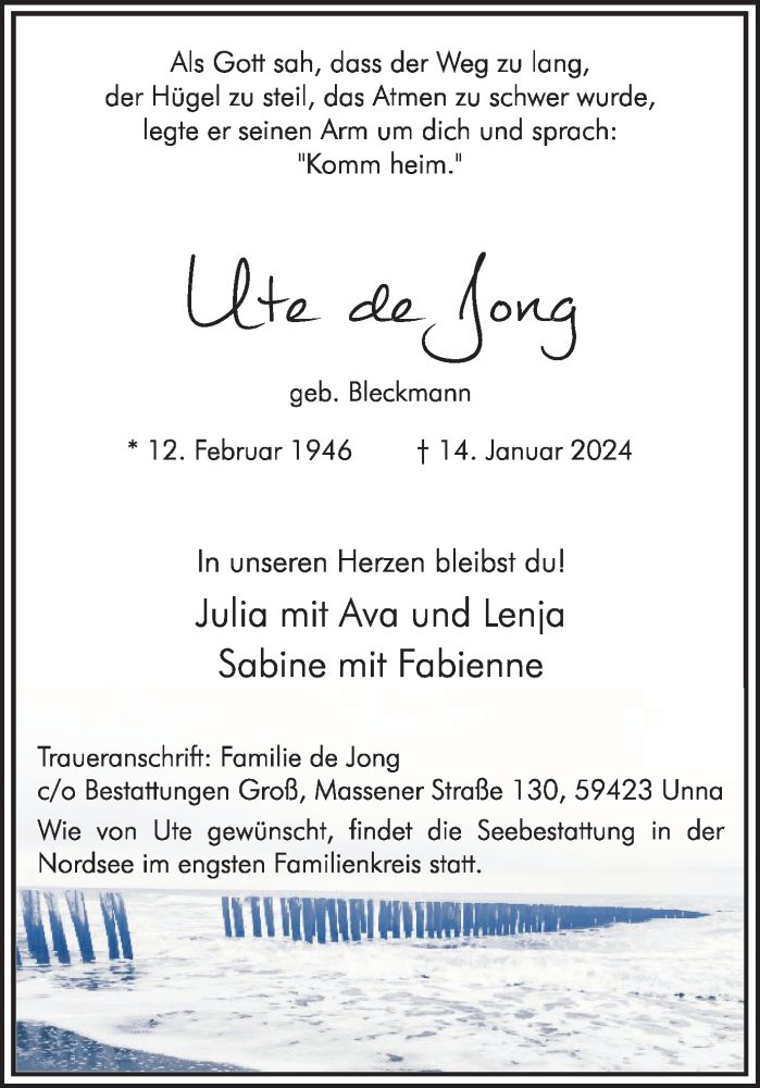  Traueranzeige für Ute de Jong vom 20.01.2024 aus Hellweger Anzeiger