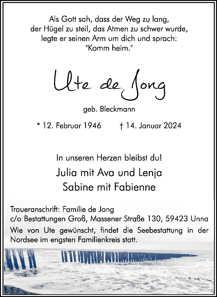  Traueranzeige für Ute de Jong vom 20.01.2024 aus 