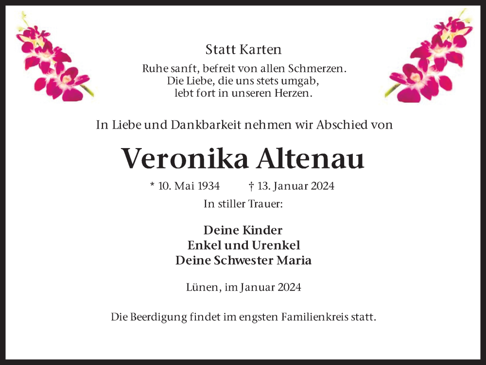  Traueranzeige für Veronika Altenau vom 20.01.2024 aus 