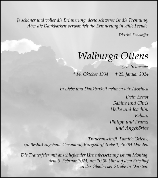 Traueranzeige von Walburga Ottens von Ruhr Nachrichten und Dorstener Zeitung