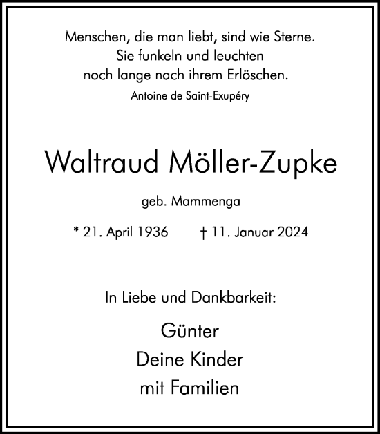 Traueranzeige von Waltraud Möller-Zupke von Hellweger Anzeiger