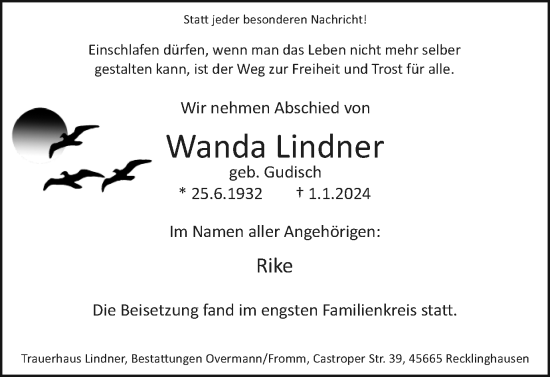 Traueranzeige von Wanda Lindner von Medienhaus Bauer