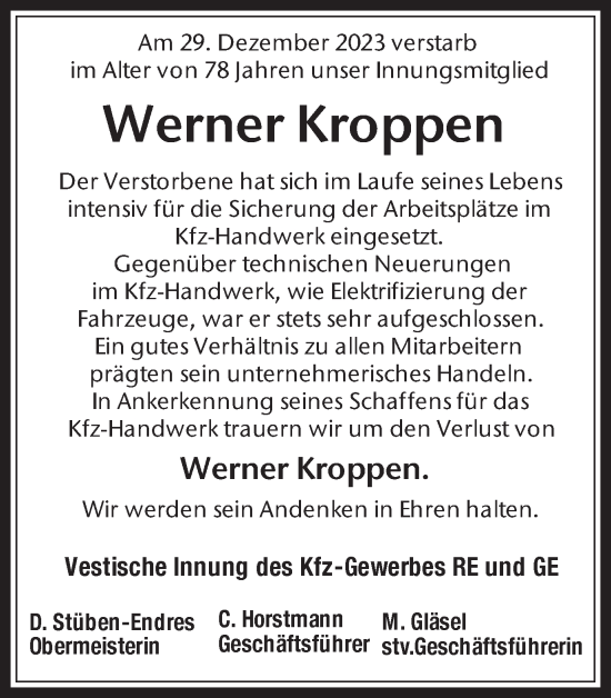Traueranzeige von Werner Kroppen von Medienhaus Bauer