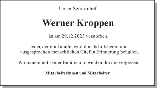 Traueranzeige von Werner Kroppen von Medienhaus Bauer