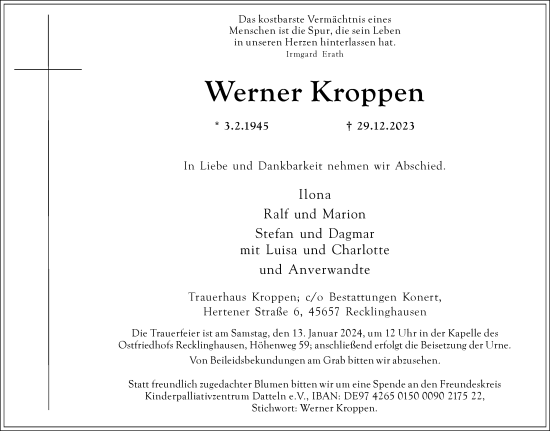 Traueranzeige von Werner Kroppen von Medienhaus Bauer