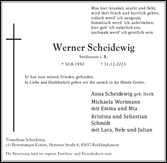 Traueranzeige von Werner Scheidewig von Medienhaus Bauer
