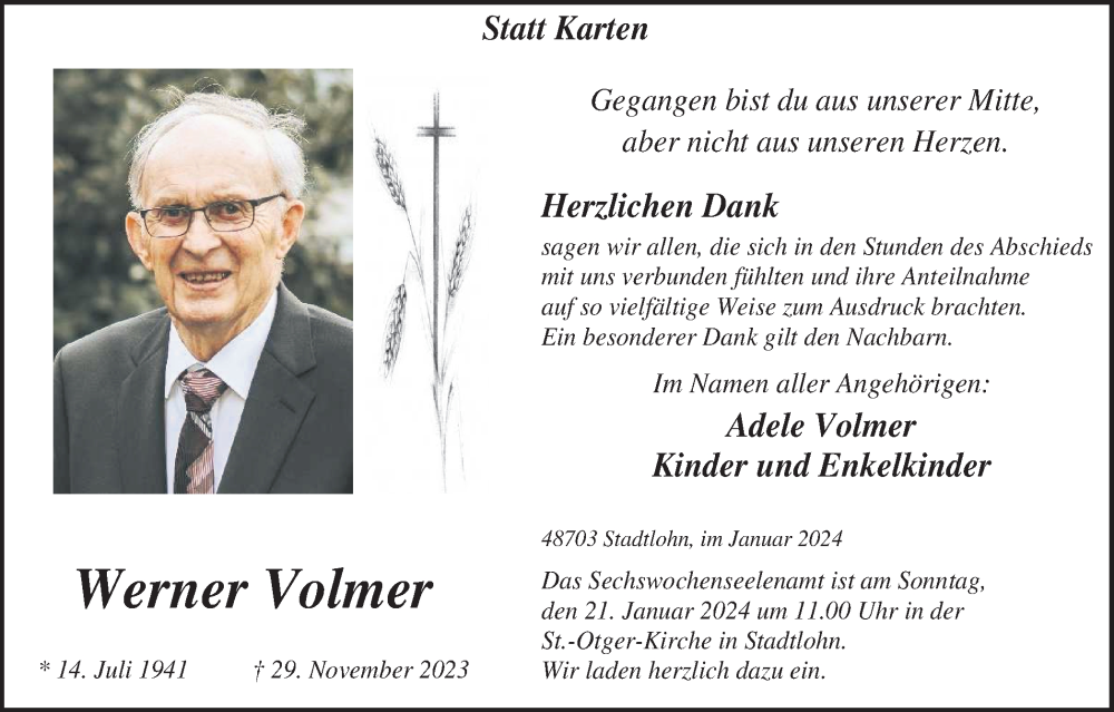  Traueranzeige für Werner Volmer vom 17.01.2024 aus Münstersche Zeitung und Münsterland Zeitung