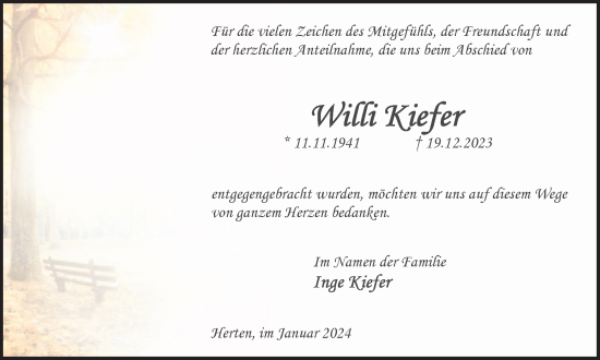 Traueranzeige von Willi Kiefer von Medienhaus Bauer
