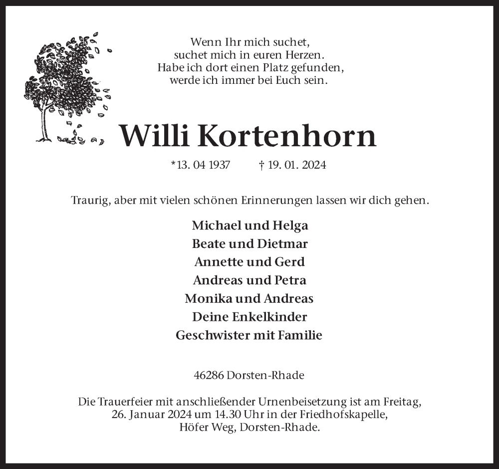  Traueranzeige für Willi Kortenhorn vom 24.01.2024 aus Ruhr Nachrichten und Dorstener Zeitung