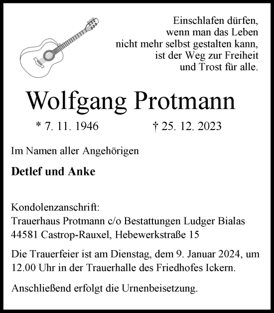 Traueranzeige von Wolfgang Protmann 