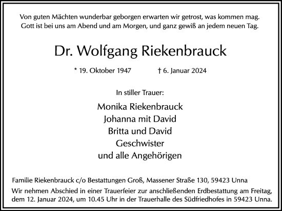Traueranzeige von Wolfgang Riekenbrauck von Hellweger Anzeiger
