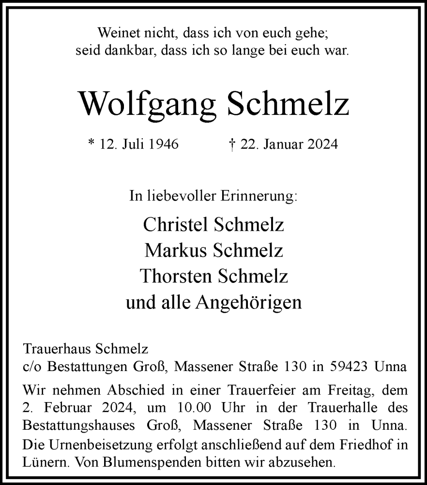  Traueranzeige für Wolfgang Schmelz vom 27.01.2024 aus Hellweger Anzeiger