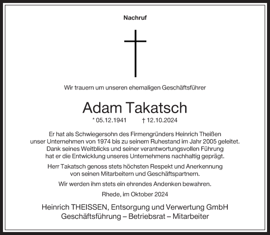 Traueranzeige von Adam Takatsch 