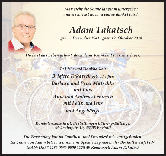 Traueranzeige von Adam Takatsch von Bocholter-Borkener Volksblatt