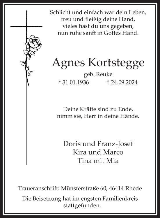 Traueranzeige von Agnes Kortstegge von Bocholter-Borkener Volksblatt