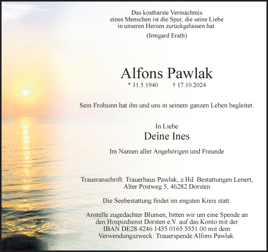 Traueranzeige von Alfons Pawlak von Ruhr Nachrichten und Dorstener Zeitung
