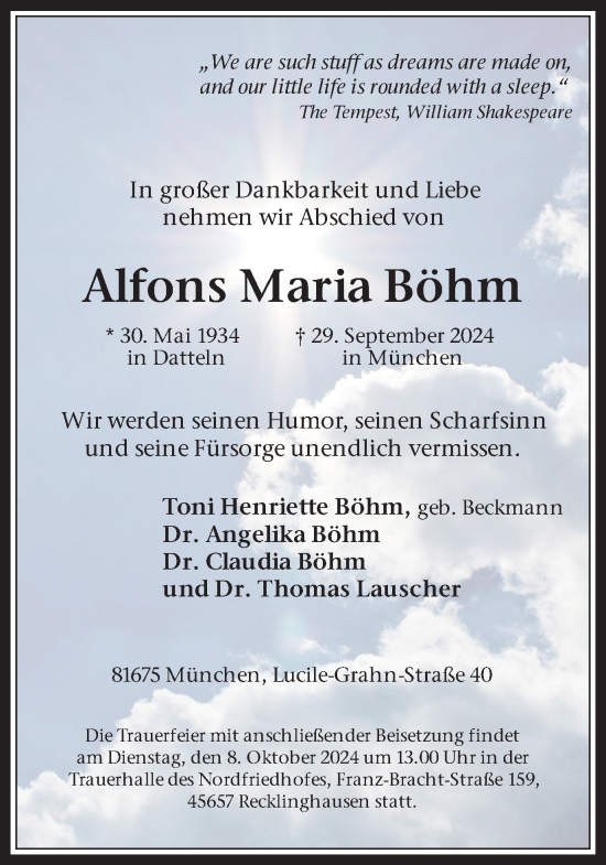 Traueranzeige von Alfons Maria Böhm von Trauer Vest