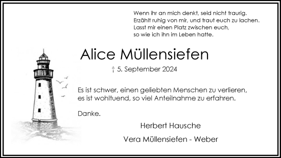 Traueranzeige von Alice Müllensiefen von Hellweger Anzeiger