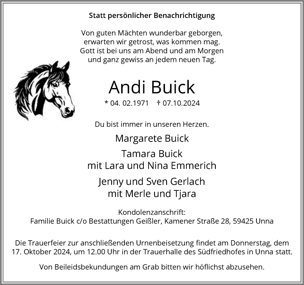  Traueranzeige für Andi Buick vom 12.10.2024 aus Hellweger Anzeiger