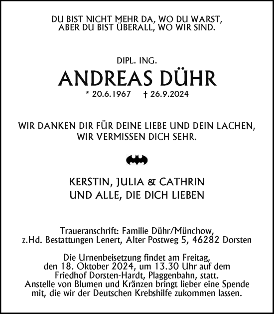 Traueranzeige von Andreas Dühr von Ruhr Nachrichten und Dorstener Zeitung