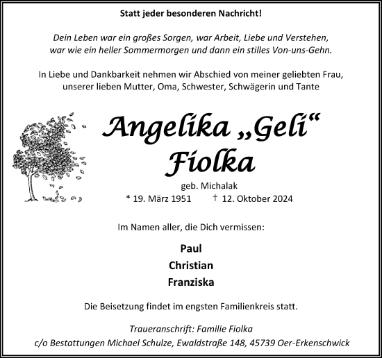 Traueranzeige von Angelika Fiolka von Trauer Vest