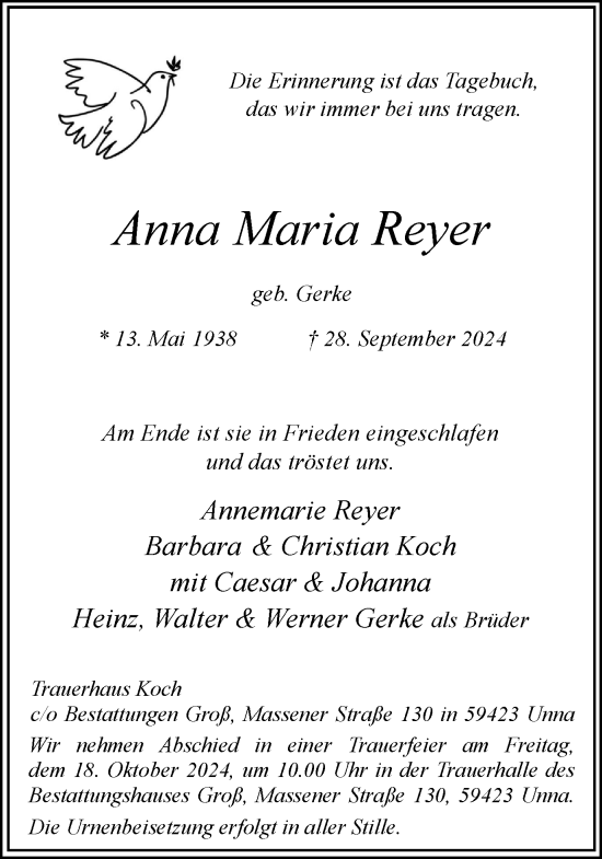 Traueranzeige von Anna Maria Reyer von Ruhr Nachrichten